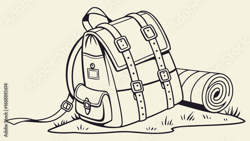 Illustration of a camping backpack with straps and buckles next to a rolled sleeping mat on grass