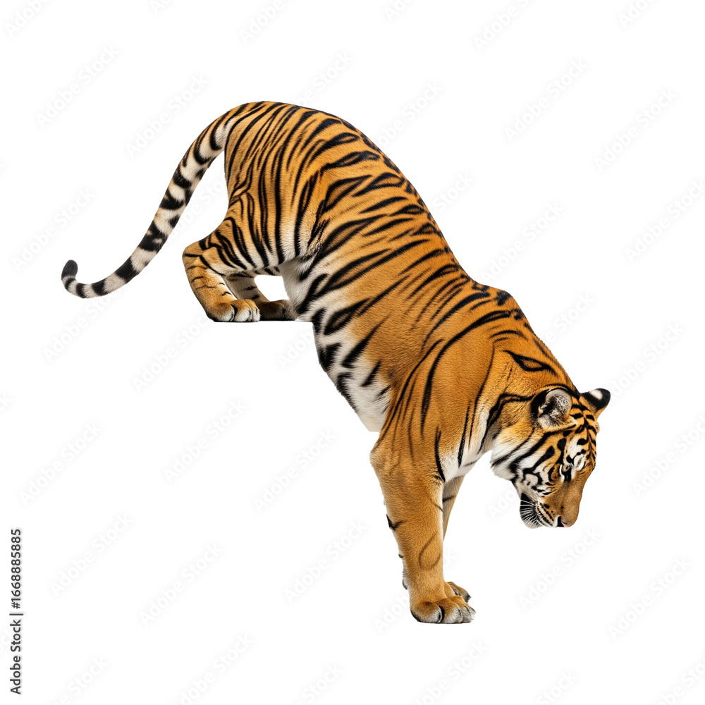 Obraz premium Tiger getting down a white box, isolated on white