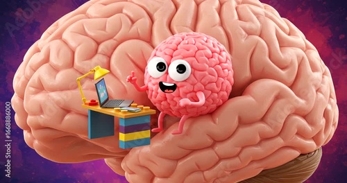 Cartoon brain character working on a laptop at desk