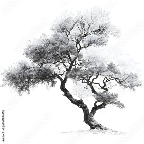 black line drawing of an asymentrical tree white background no texture in background.
