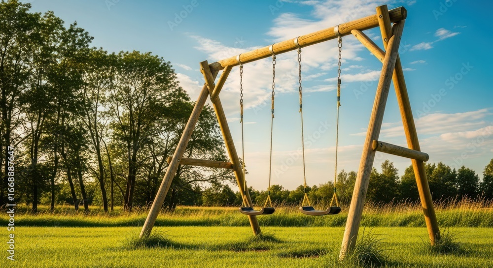 Fototapeta premium Wooden Swing Set in a Sunny Meadow