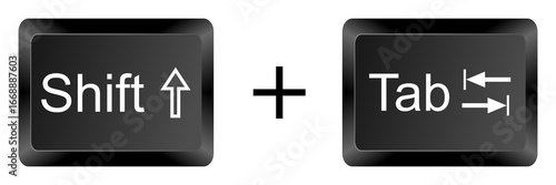 Shift tab key combination from computer keyboard isolated on white background, black keycap design showing shift plus tab for shortcut commands in computing
