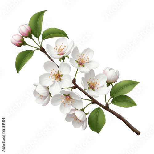 Delicate apple blossom branch with buds and green leaves on a deep black background transparent background