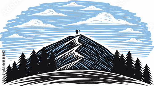 Silhouette of a hiker with trekking pole standing on top of a mountain under a cloudy blue sky landscape