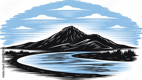 Illustration of a mountain landscape with a river flowing through it under a cloudy sky with lines silhouette