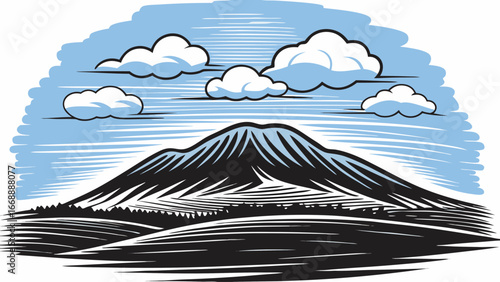 Illustration of a mountain landscape with clouds in the sky and a field in the foreground design element silhouette