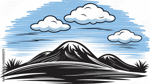 Illustration of a mountain range with snow capped peaks under a blue sky with white clouds view silhouette