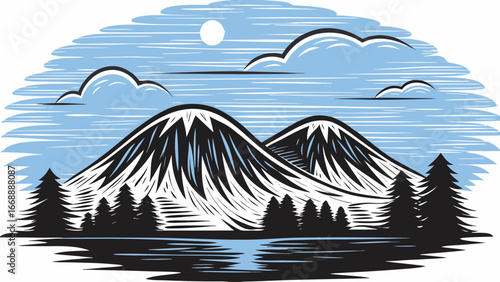 Illustration of mountain peaks with trees and water under a sky with clouds and a sun drawing silhouette