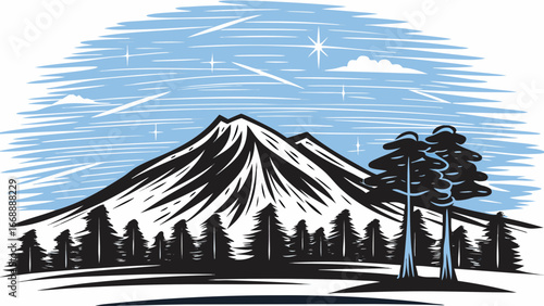 Illustration of a mountain range with pine trees under a starry sky with cloud formations and shooting stars silhouette