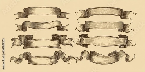 Eight sepia-toned hand-drawn ribbon banners with varying styles and swirls, suitable for design elements
