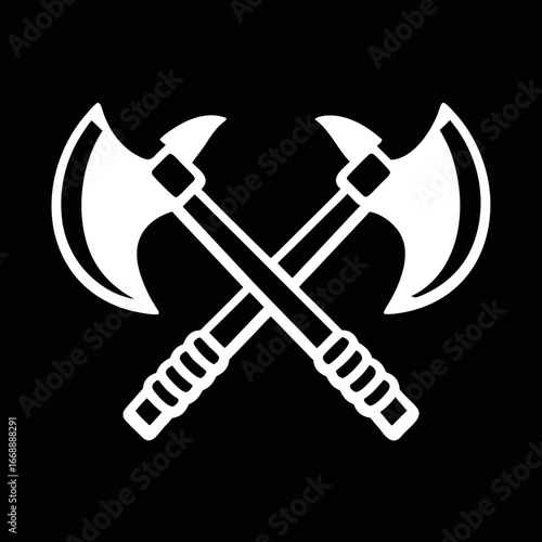 Crossed axes icon on black great for survival logos, adventure branding, and rugged timber sport design needs.