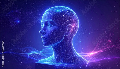 Abstract visualization of a digital mind, featuring a human profile composed of a vibrant neural network, exploring themes of AI, data, and future science and technology