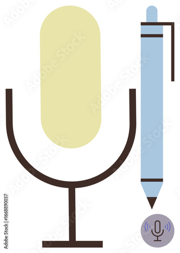 Microphone, pen, and small sound icon represent voice recording, note-taking, podcasting, and technology. Ideal for education, creativity, media content creation communication productivity themes