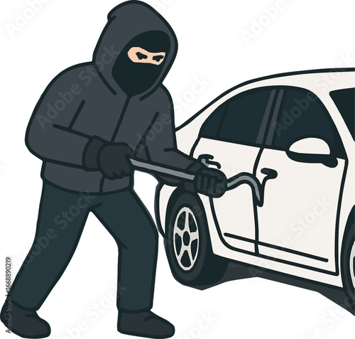 Auto Theft Crime Cartoon with Robber and Crowbar