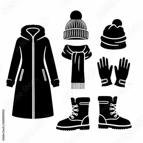 vector set of winter clothes. Silhouette of Winter's item