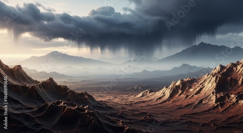 Dramatic alien landscape with storm clouds and rocky terrain