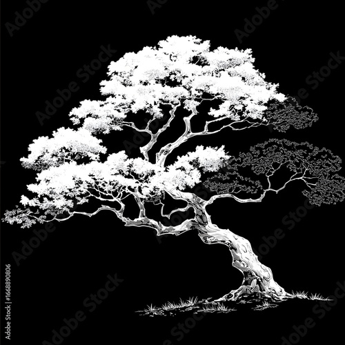 vectoral minimalist 2 color bonsai tree pure black background white tree color.