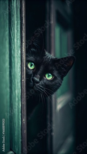 Black cat green eyes peeking image