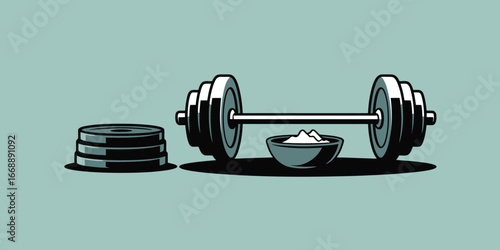 A barbell with weights and a bowl of protein powder on a light blue background illustration style