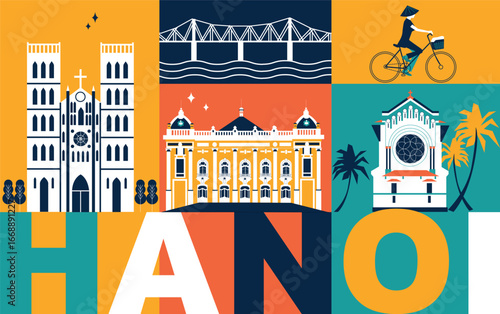 Hanoi culture travel set, video split screen famous architecture in flat design. Vietnam Memphis. Business travel, tourism concept clipart. Image for presentation, banner, website, advert, flyer, icon