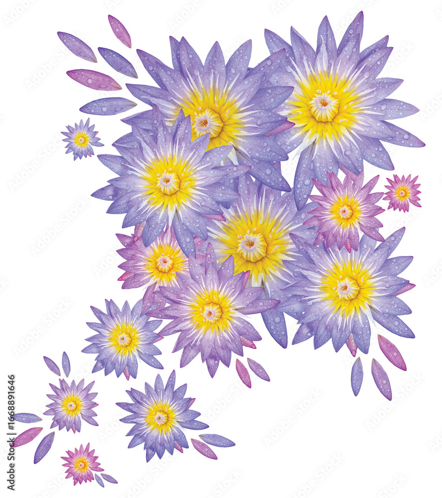 Fototapeta premium Nénuphar nymphaea nouchali violet bleu rose et jaune isolé sur fond transparent vu de face pour décoration florale, papeterie, design 3D, illustration, fleur botanique, mariage 
