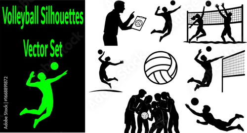 Set of 8 volleyball vector silhouettes: players serving, spiking, blocking, and passing. Perfect for sports illustrations, tournament graphics, and team logos