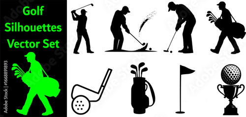 Set of 8 golf vector silhouettes: players swinging, putting, and teeing off. Perfect for sports illustrations, tournament graphics, and golf club designs