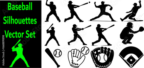 Set of 12 baseball vector silhouettes: players pitching, batting, catching, and running. Perfect for sports illustrations, team logos, and athletic design projects