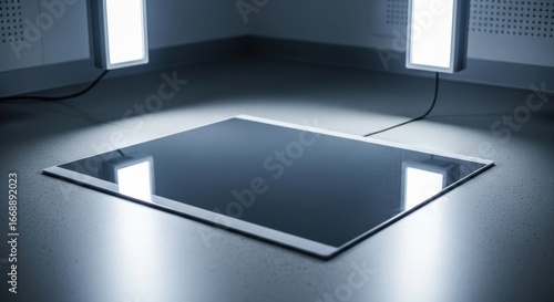 Wallpaper Mural Blank modern tablet on a dark surface in a futuristic room. Technology for digital content and virtual display. Torontodigital.ca