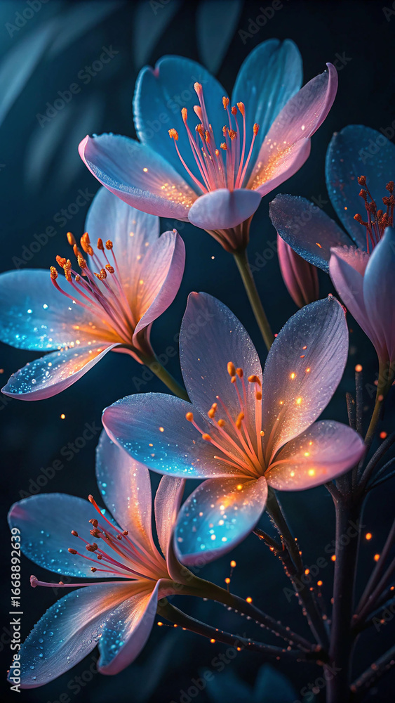 Fototapeta premium Glowing blue pink flowers orange stamens image