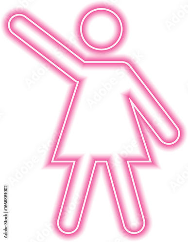 Female person with legs apart and one arm stretched upward performing a waving motion.