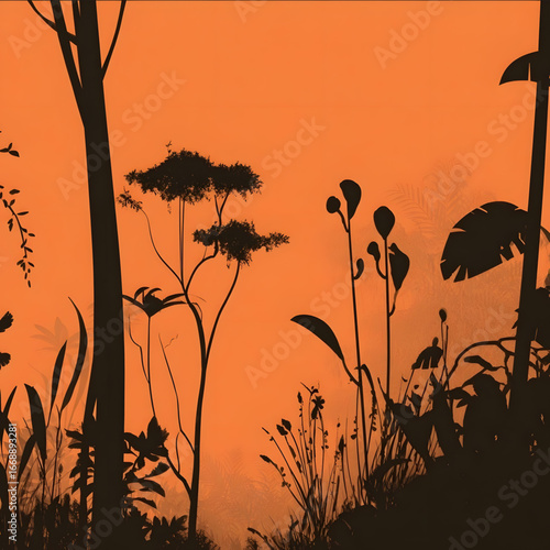 jungle very long stylized simple silhouette for a ted talk animation orange background.
