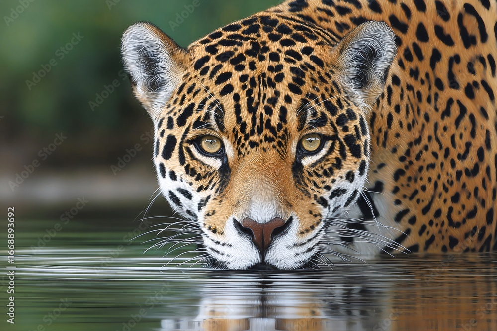 Obraz premium Jaguar drinking water in the river, close up portrait