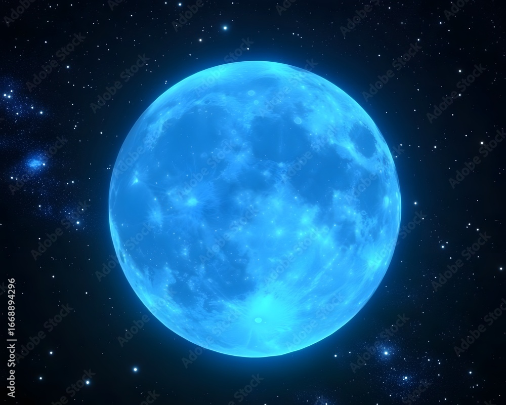 Naklejka premium Glowing Blue Moon in Starry Night Space Background