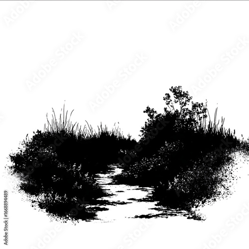 silhoutte of bushes around a creek white background.