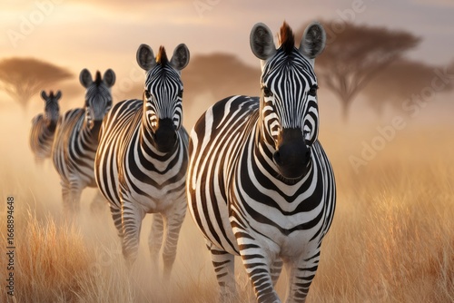 Zebras walking in the african savanna at sunset