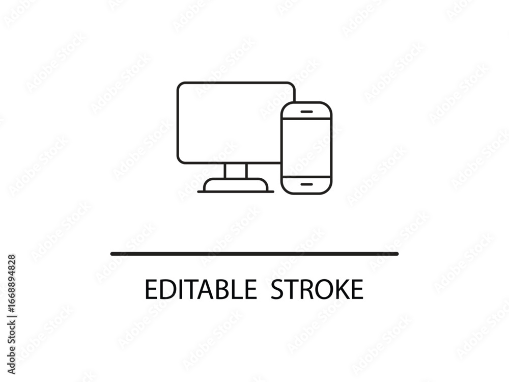 Modern devices computer and smartphone icon symbolizing digital connectivity and technology in a clean outline design. Modern devices computer and smartphone icon symbolizing digital connectivity and technology in a clean outline design.