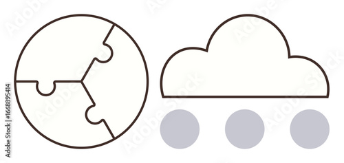 Globe with puzzle pieces and cloud with three dots symbolize global connectivity, teamwork, data sharing. Ideal for technology, innovation, communication, collaboration, networking, cloud computing