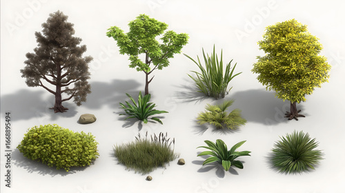 plants trees some vegetation for a 3d illustrated map artistic brushed painted white background.