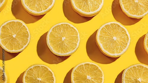 Nice photo of lemon slices on yellow background.