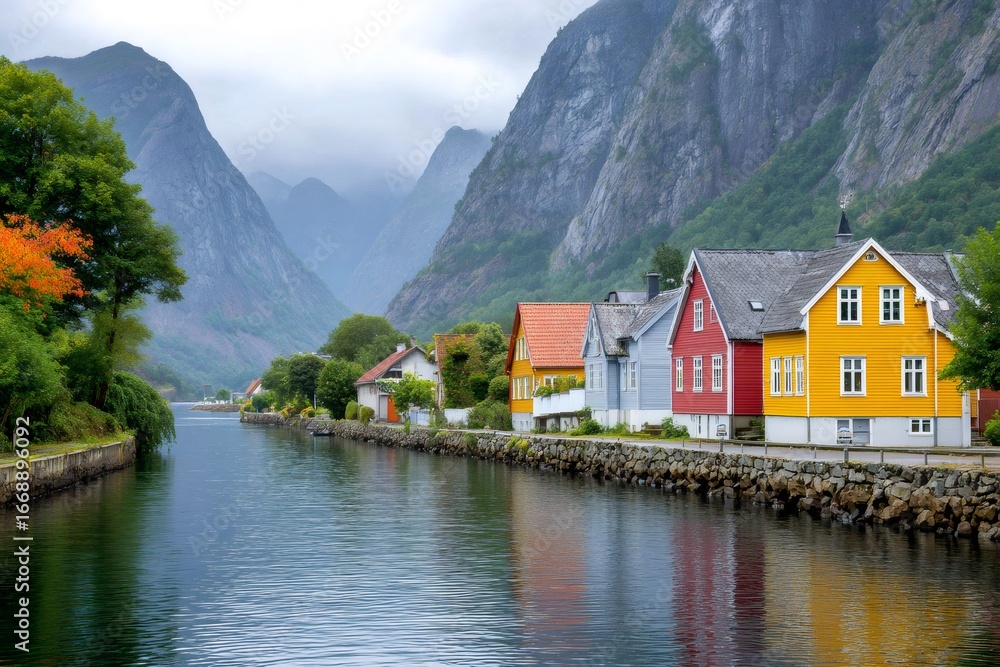 Fototapeta premium Colorful norwegian houses reflecting in the calm water of a fjord