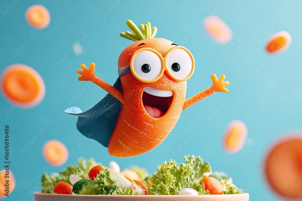 Naklejka premium Superhero carrot character soaring happily above a fresh salad bowl in a bright, colorful setting