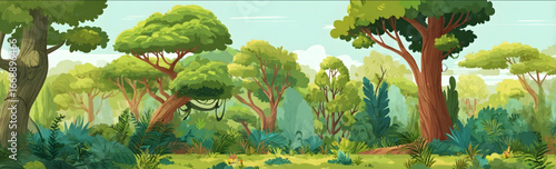 a scene of the story Adam and Eva a tropic forest with beatiful big trees and gardenso much space cute cartoon in minimalistic cartoon kids style vector highd.