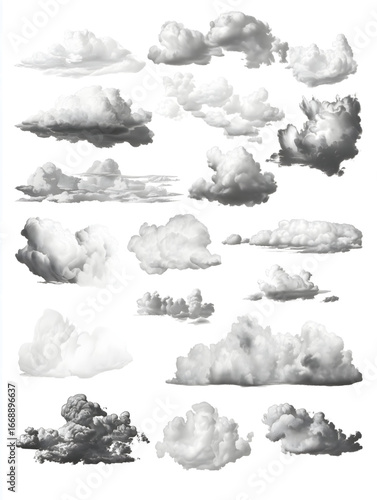 elements for vintage collage pack of clouds on white background.