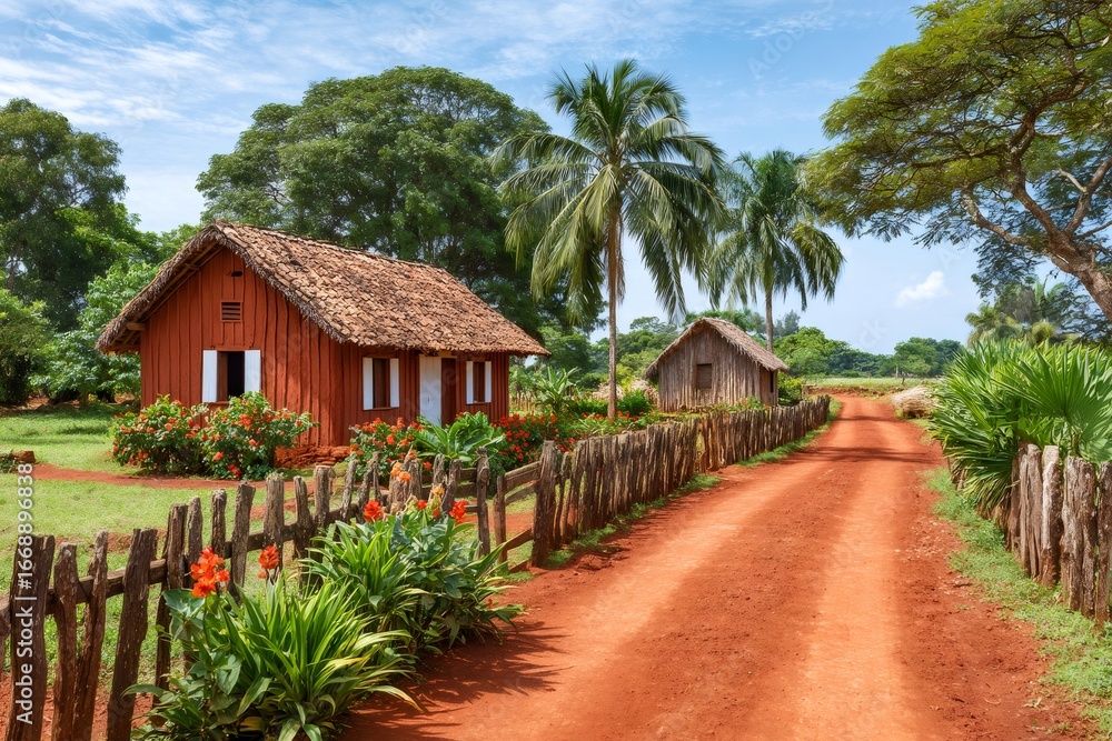 Fototapeta premium Red dirt road leading to traditional houses in madagascar countryside