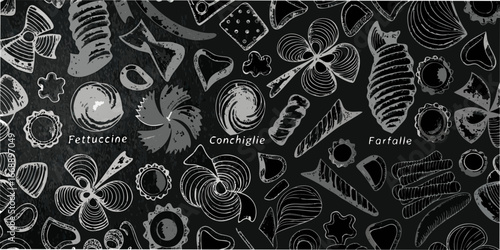 Hand Drawn Pasta Shapes on Chalkboard Background fettuccine