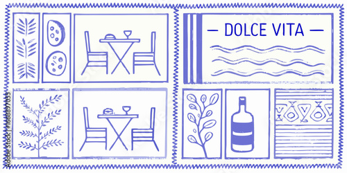 Italian Dolce Vita themed illustration with blue linework