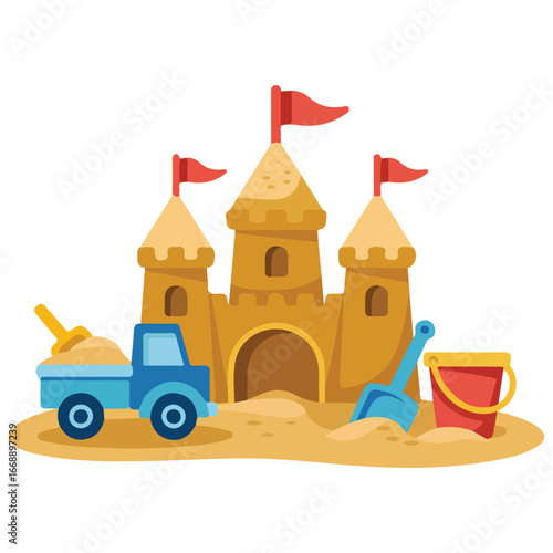Sand castle children sandbox toys summer beach isolated vector illustration on white background