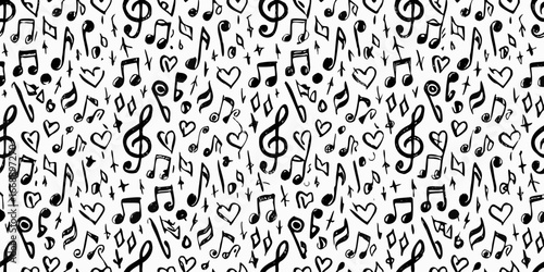 Seamless Pattern Of Hand Drawn Music Notes And Hearts