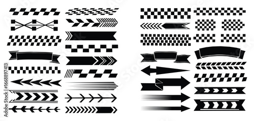 Dynamic black and white vector set featuring racing flag patterns, arrows, and banners for adding a modern, sporty edge to your designs and creative projects with a bold, striking aesthetic